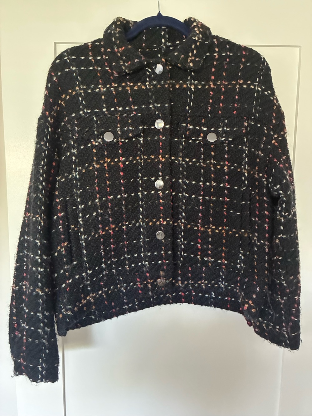 Zara Black Tweed Jacket with Multicolor Check Detail